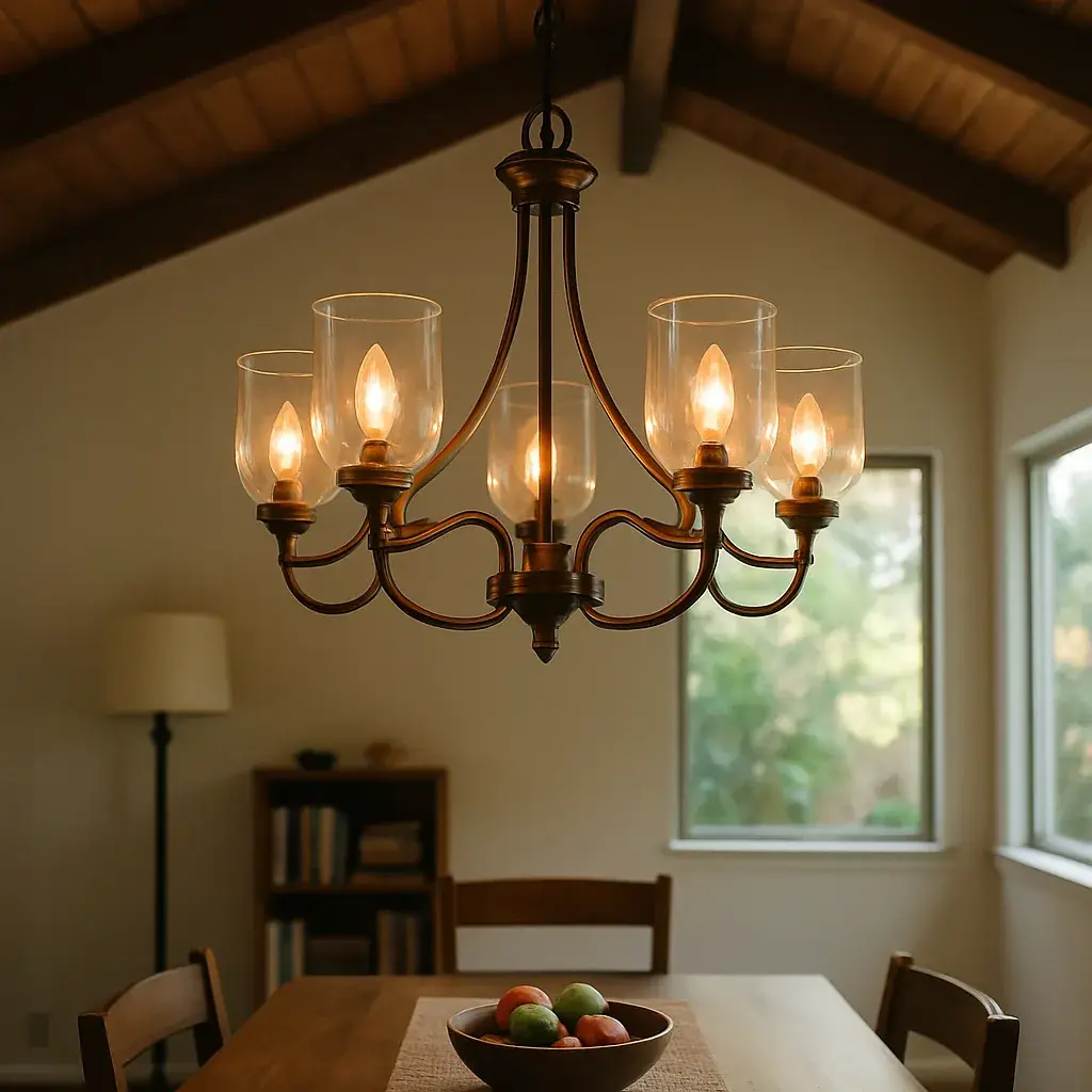 chandelier-installation-completed-result-sunnyvale Completed chandelier installation hanging level above dining table in Sunnyvale vaulted ceiling home
