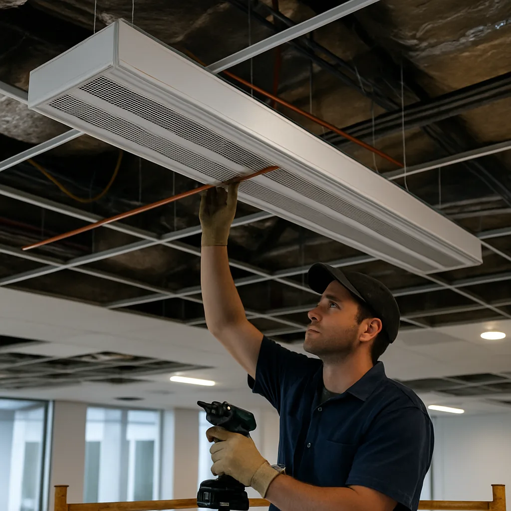 Technician installing chilled beam unit in Sunnyvale commercial office ceiling grid