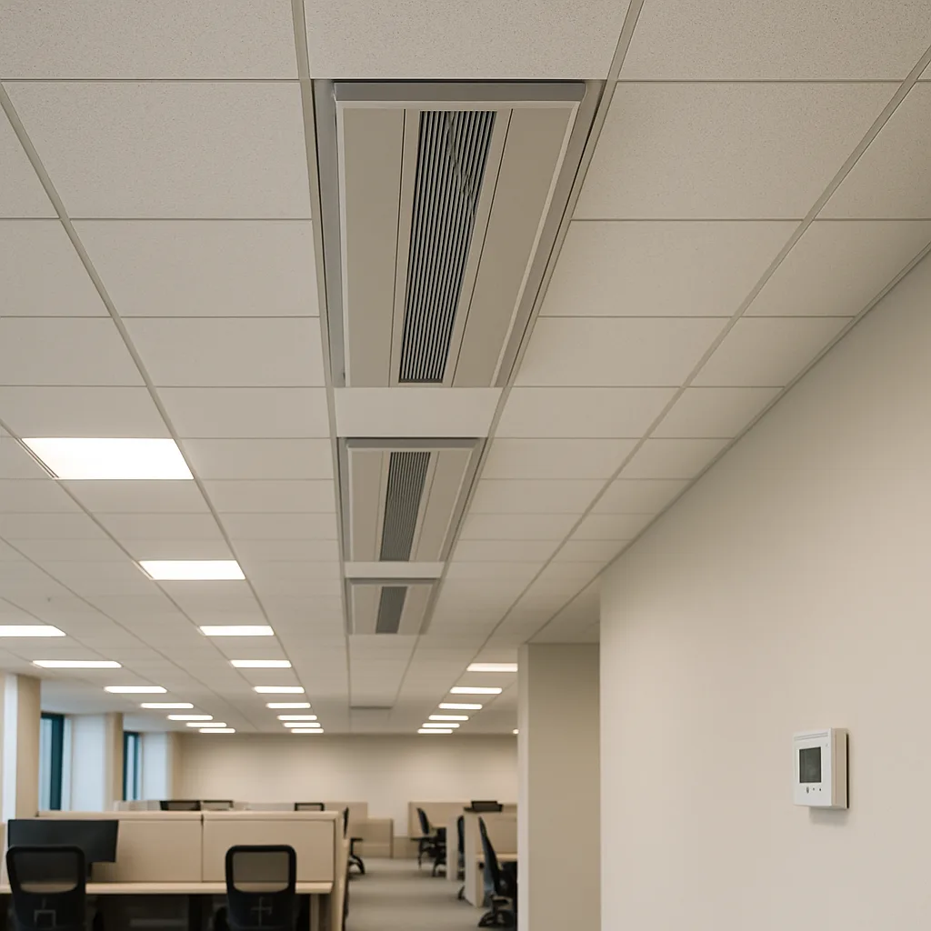 chilled-beam-installation-finished-result-sunnyvale Finished chilled beam units installed along Sunnyvale office ceiling grid