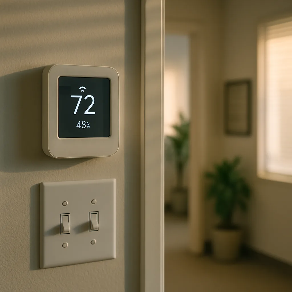 chilled-beam-control-panel-clinic-sunnyvale Wall thermostat controlling chilled beam system in Sunnyvale clinic reception area