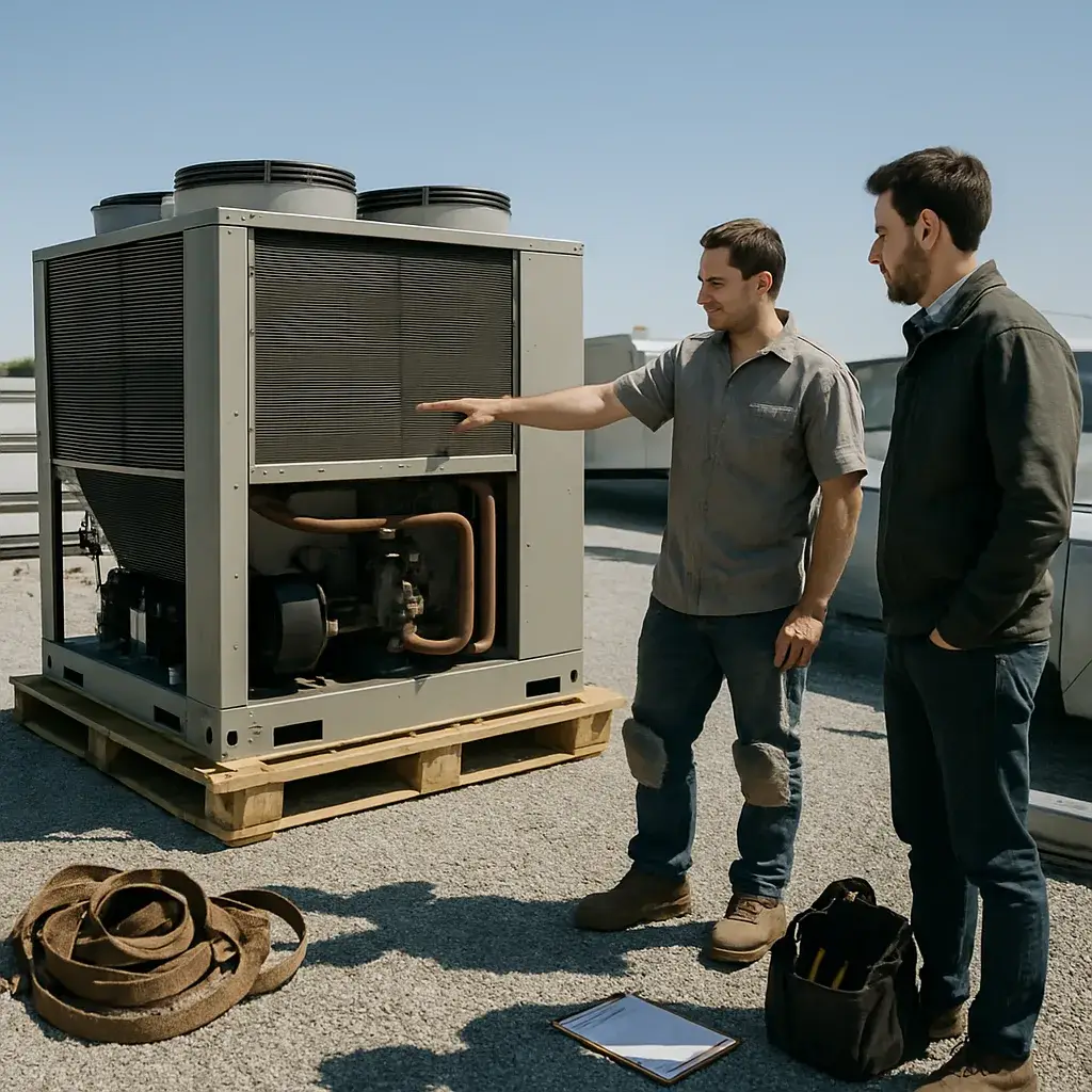 Technician and customer discuss chiller installation cost factors on Sunnyvale rooftop job site