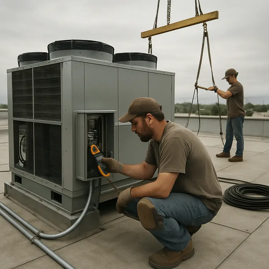 HVAC contractor checks electrical panel during chiller installation on Sunnyvale rooftop