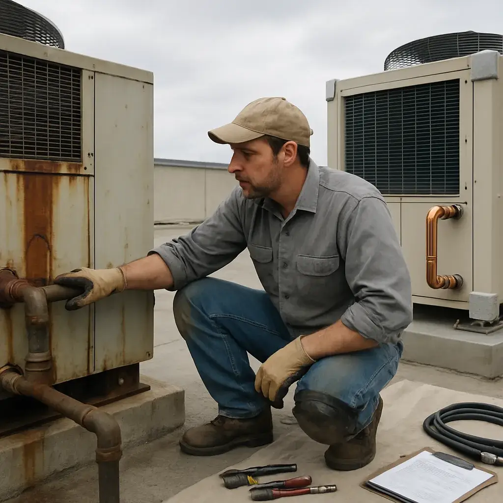 Technician comparing old rusted chiller to new unit during chiller installation Sunnyvale