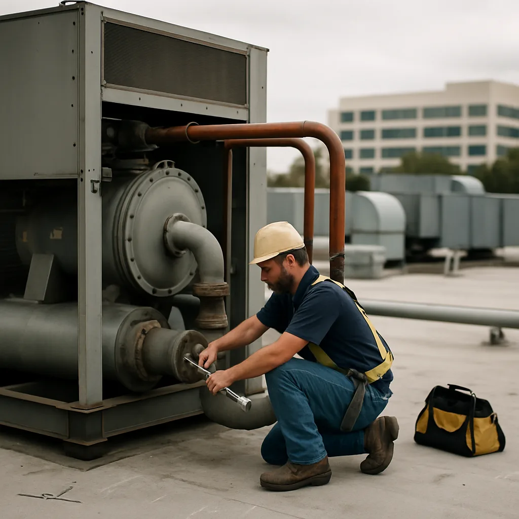 Technician torqueing bolts on rooftop chiller unit during installation in Sunnyvale