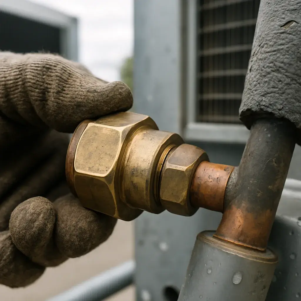Close-up of chiller installation refrigerant line fitting showing cost-driving component detail