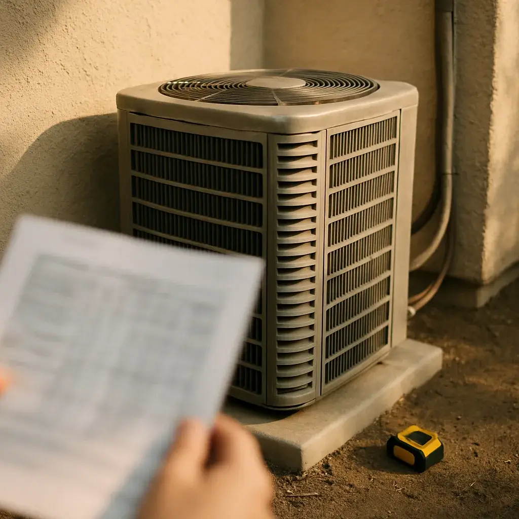 chiller-installation-residential-condenser-scale-comparison Small residential condenser unit shows why chiller installation does not apply here