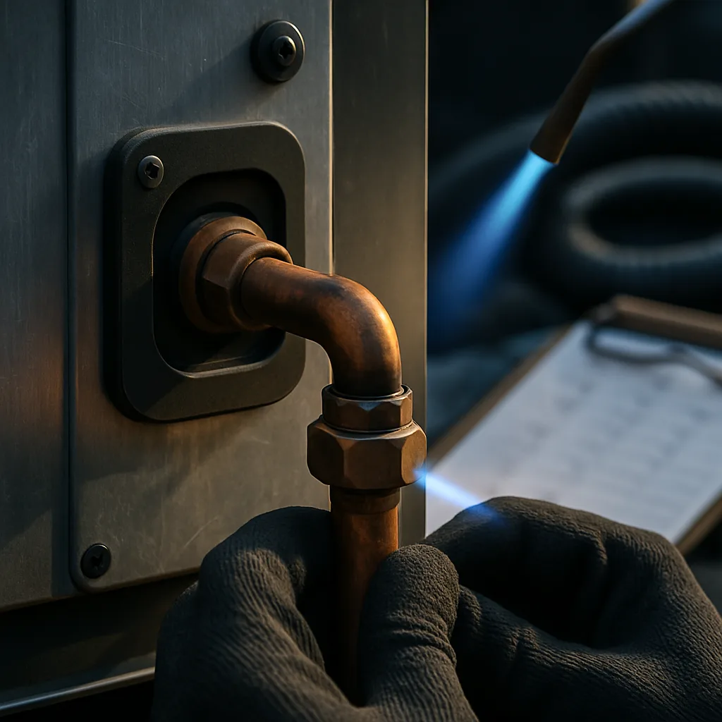 chiller-installation-copper-brazing-detail-sunnyvale Close-up of hands brazing copper refrigerant lines during chiller installation in Sunnyvale