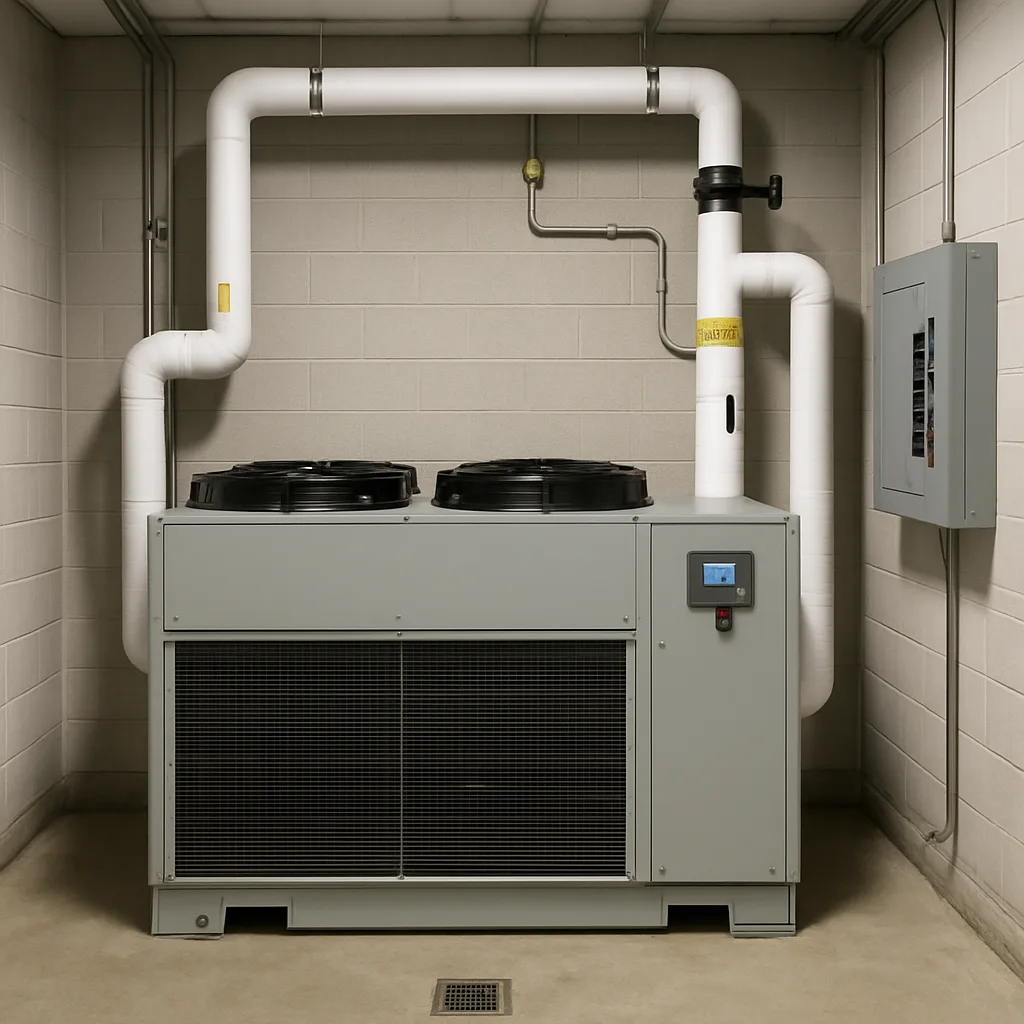chiller-installation-completed-mechanical-room-sunnyvale Completed chiller installation in a Sunnyvale commercial mechanical equipment room