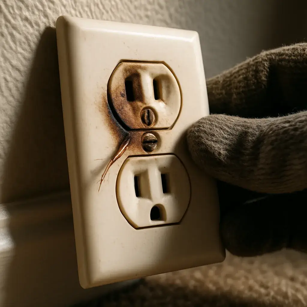 code-correction-scorched-outlet-wiring-sunnyvale Close-up of scorched outlet wiring inspected during Sunnyvale code correction visit