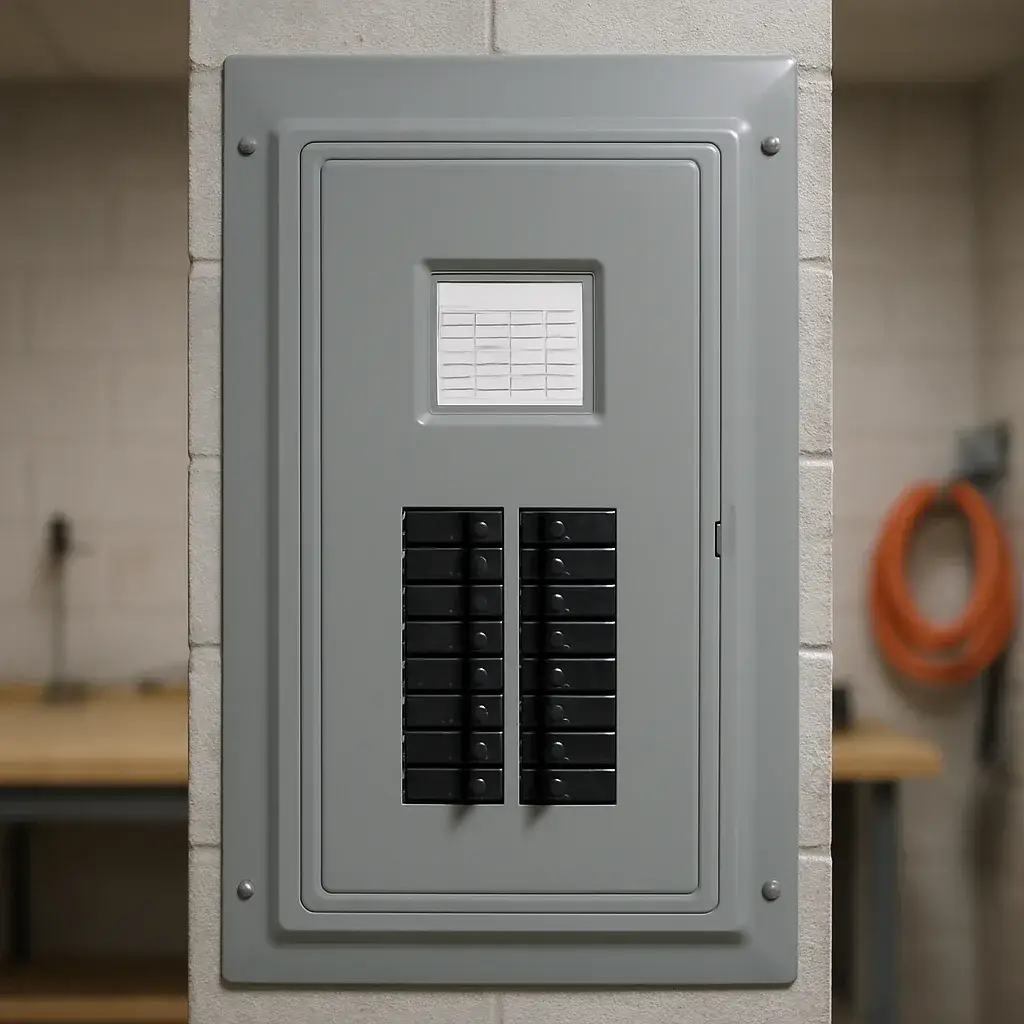 code-correction-repaired-panel-result-sunnyvale Repaired electrical panel with labeled breakers after Sunnyvale code correction service