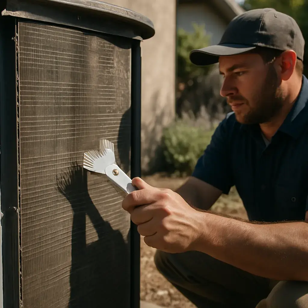 Technician cleans condenser coil fins on outdoor AC unit during Sunnyvale coil cleaning service