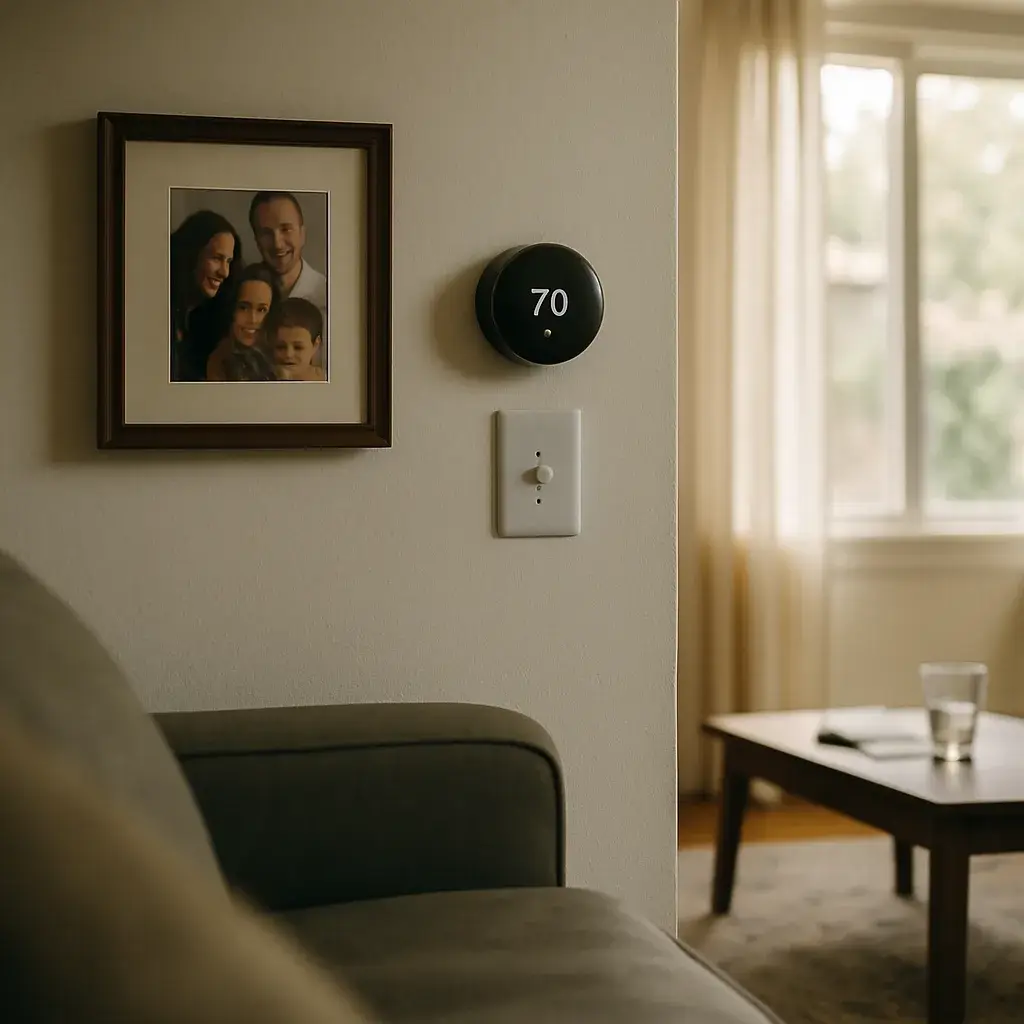 coil-cleaning-home-thermostat-living-room-sunnyvale Living room thermostat display in Sunnyvale home after coil cleaning improves cooling performance