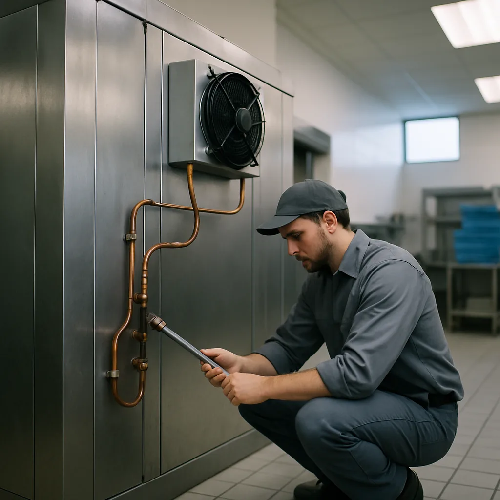Technician installing cold storage unit compressor line in Sunnyvale commercial kitchen