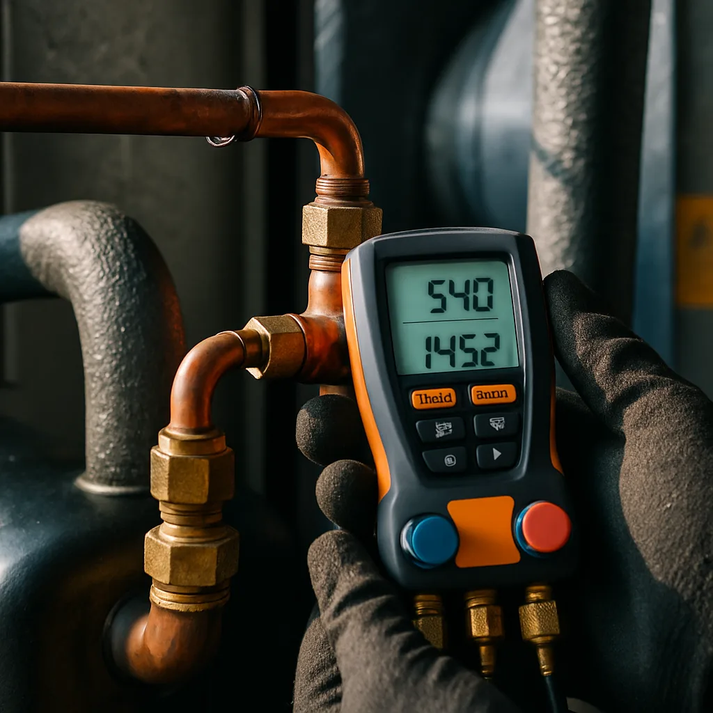 cold-storage-installation-refrigerant-gauge-check-sunnyvale Technician checking refrigerant pressure gauge on cold storage unit in Sunnyvale