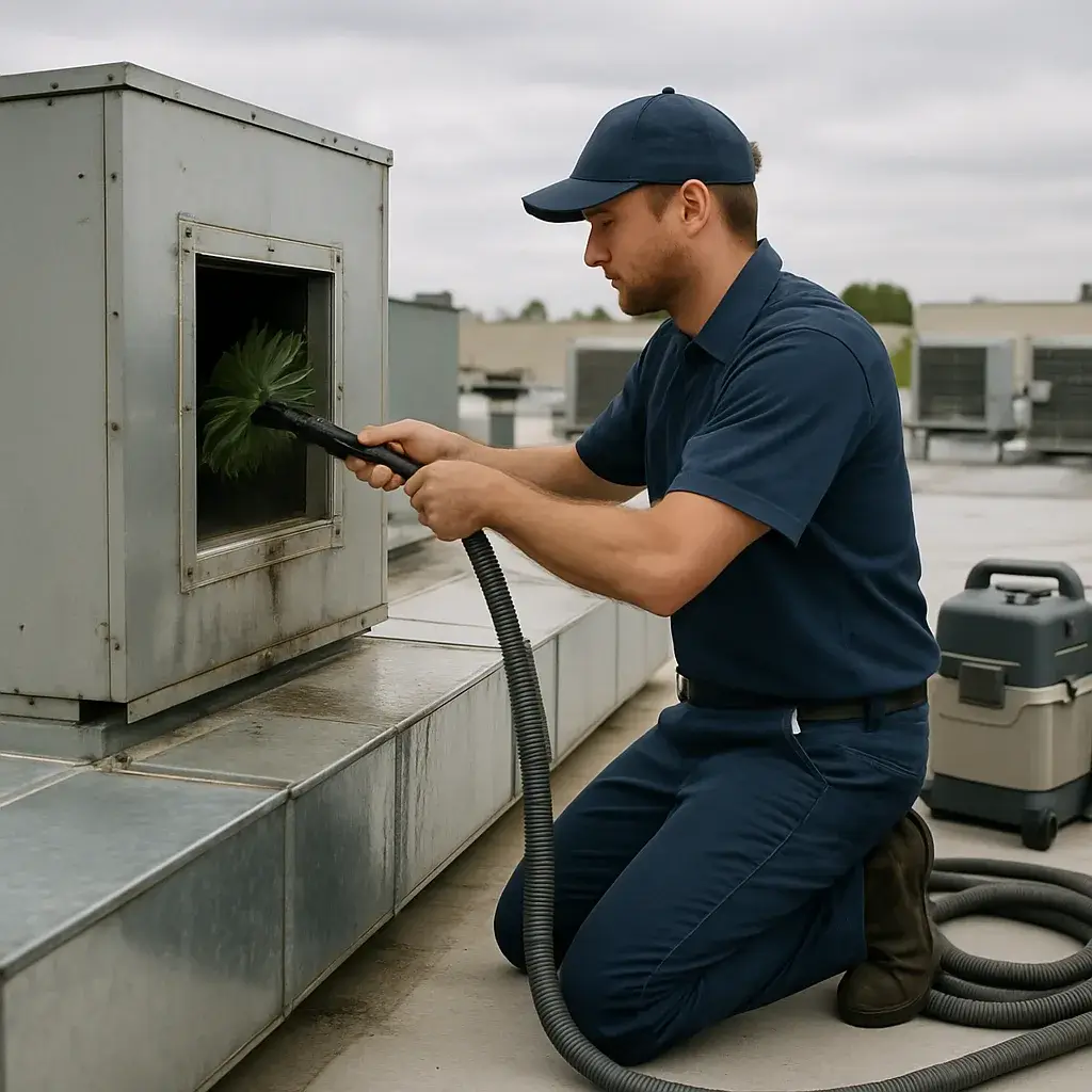 Technician cleaning rooftop HVAC ductwork during commercial duct cleaning in Sunnyvale