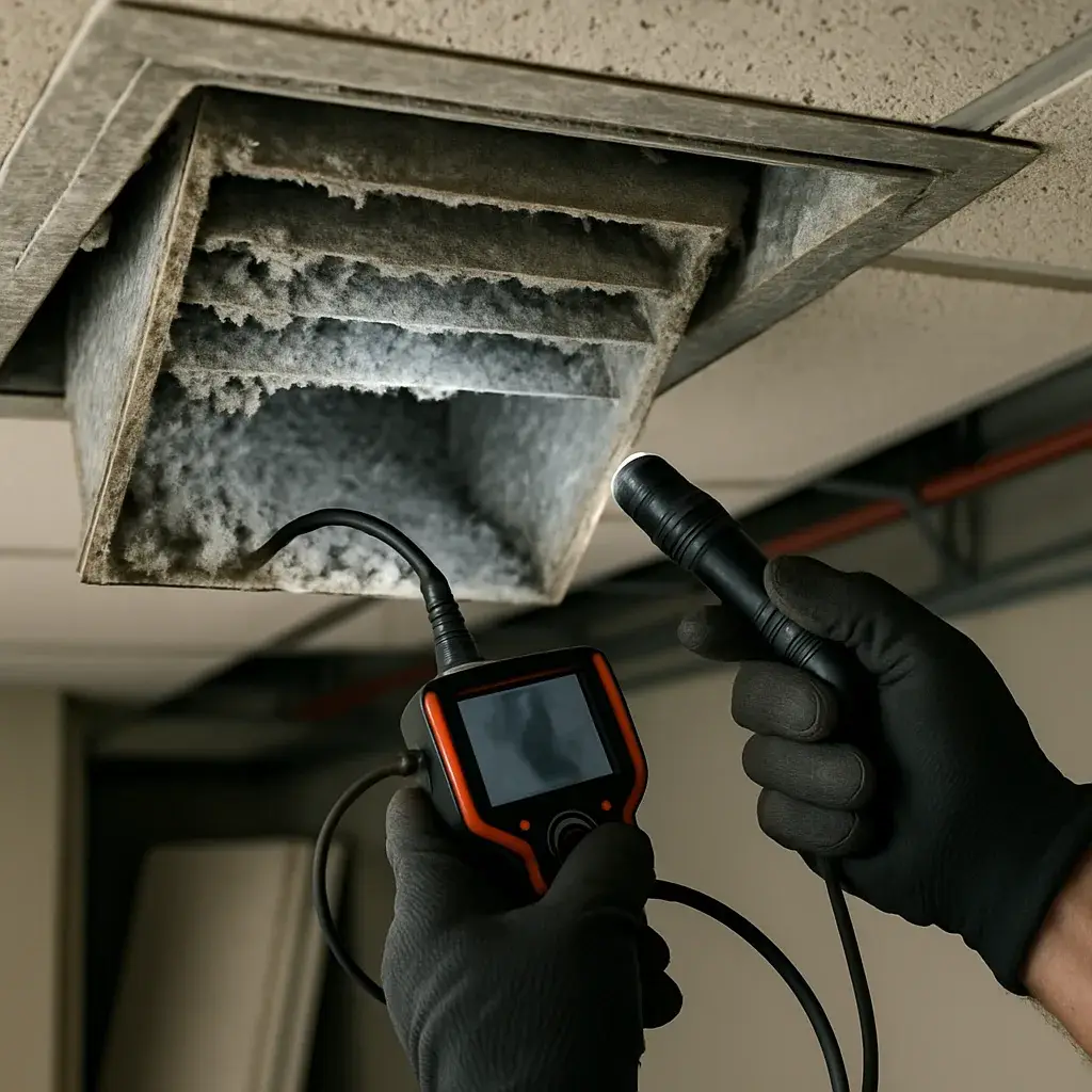 commercial-duct-cleaning-inspection-dust-buildup-sunnyvale Inspecting dust buildup inside commercial ductwork before duct cleaning in Sunnyvale office
