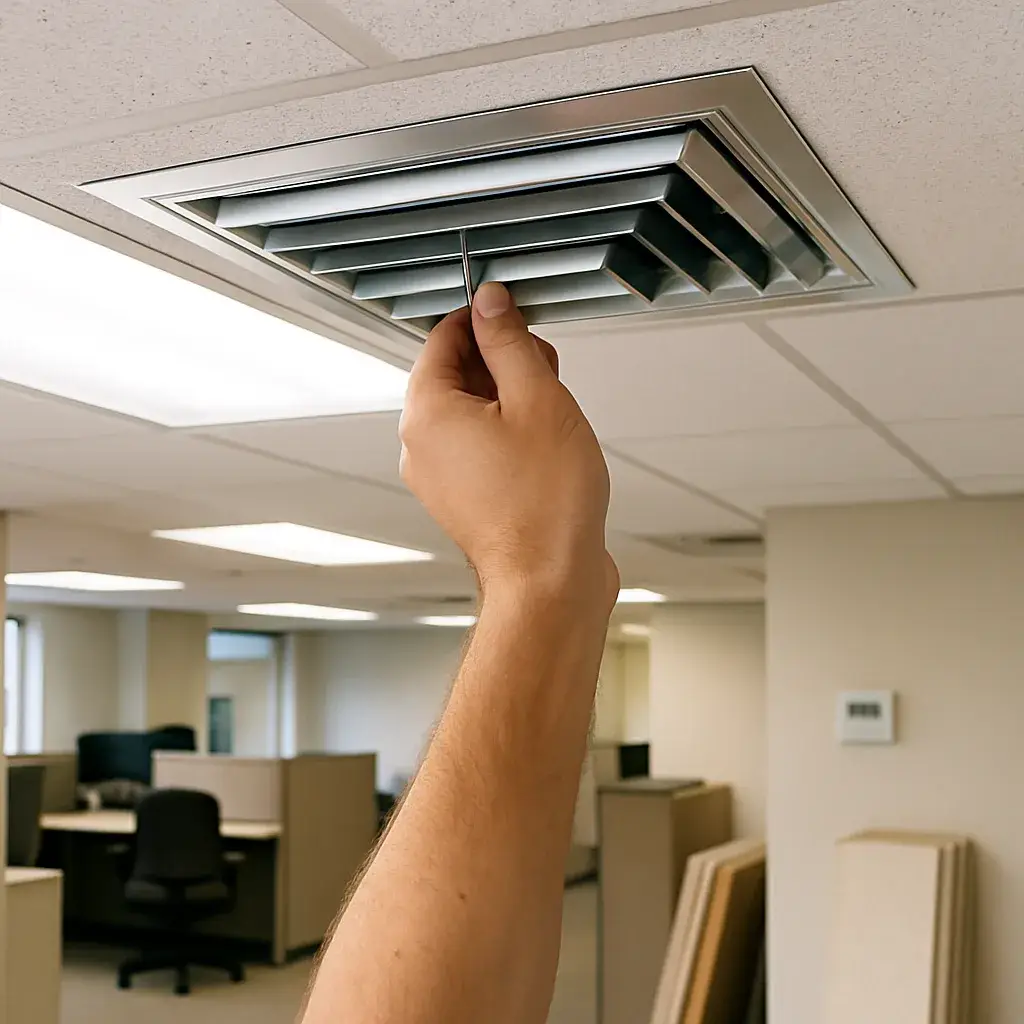 commercial-duct-cleaning-clean-register-result-sunnyvale Clean duct register showing airflow check after commercial duct cleaning in Sunnyvale