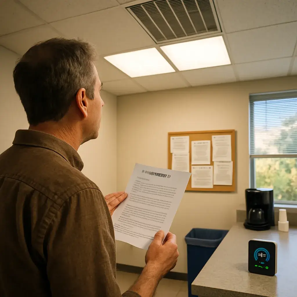 commercial-duct-cleaning-office-air-quality-check-sunnyvale Office worker checking air quality monitor after commercial duct cleaning in Sunnyvale