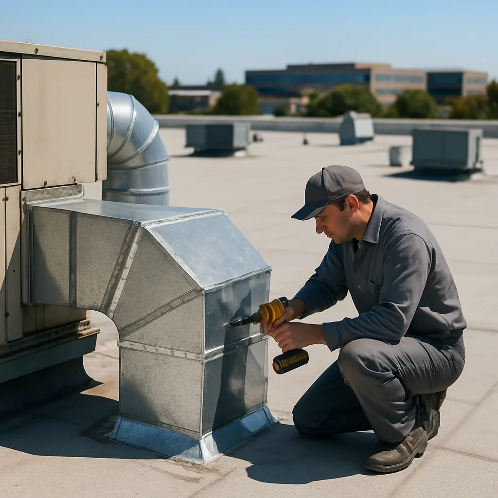 Technician repairs rooftop ductwork on commercial building in Sunnyvale HVAC project