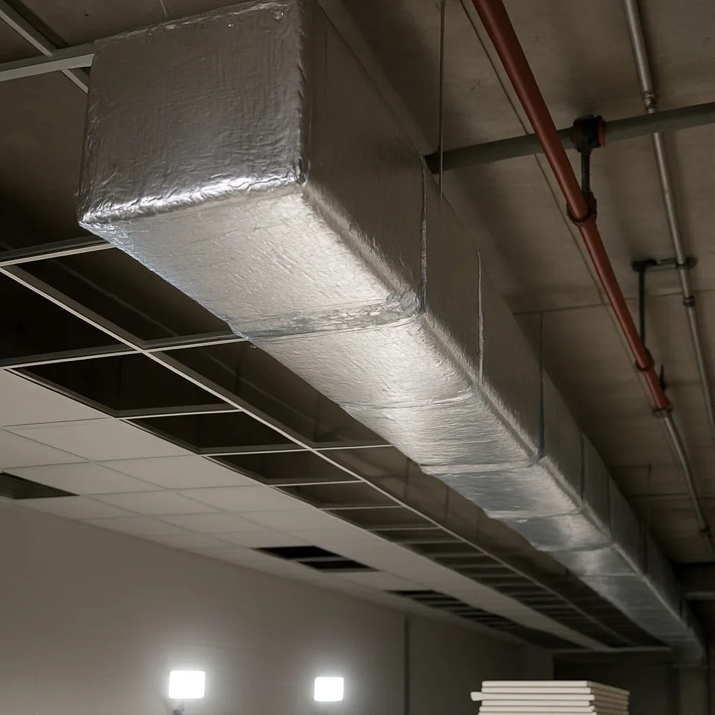 sealed-insulated-ductwork-ceiling-plenum-sunnyvale Sealed insulated commercial ductwork installed above ceiling in Sunnyvale office building