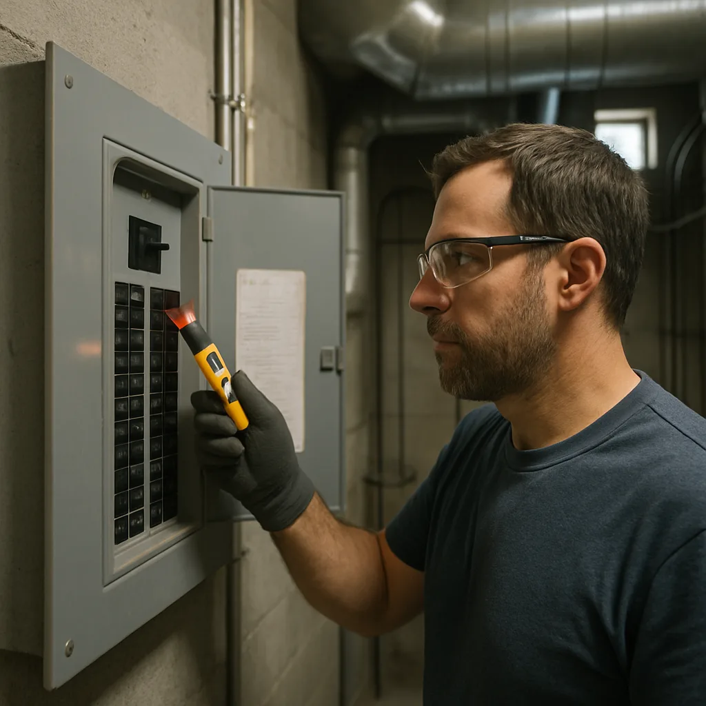 Electrician testing a commercial electrical panel in a Sunnyvale mechanical room