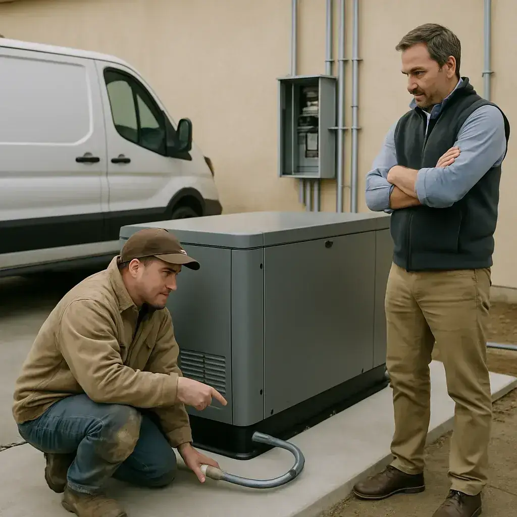 Contractor and owner review commercial generator installation site in Sunnyvale