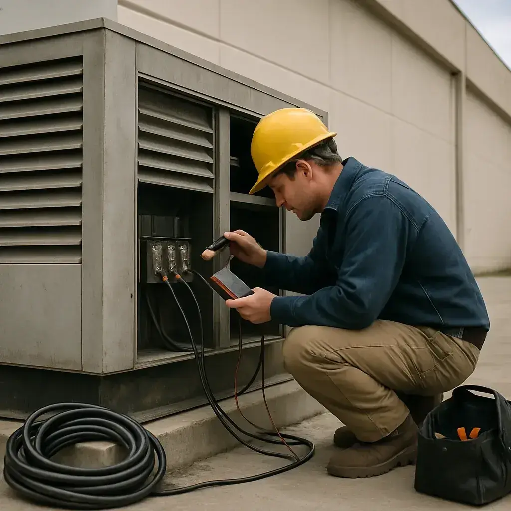 Technician inspecting commercial generator during installation in Sunnyvale