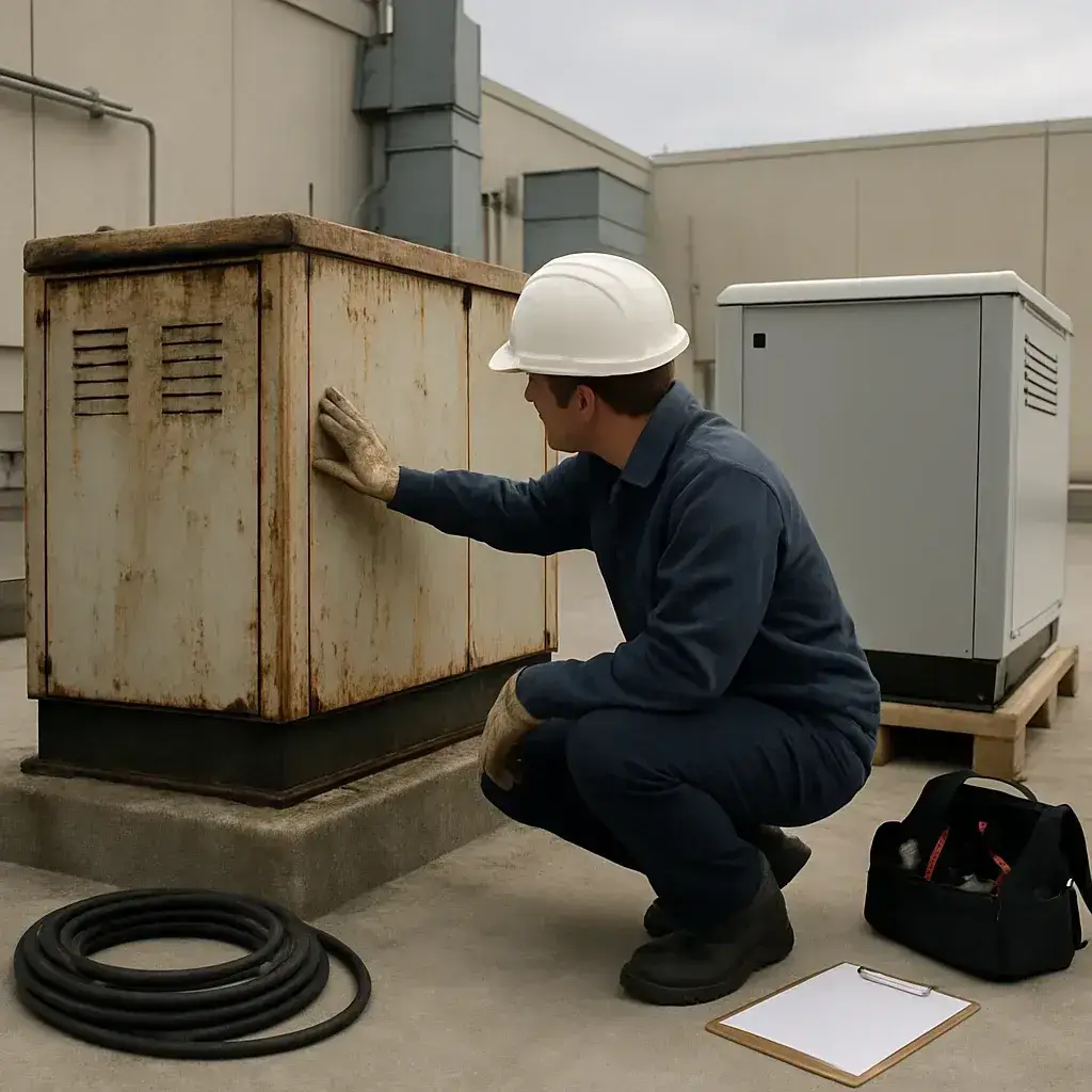 Technician comparing old and new commercial generator units during Sunnyvale installation assessment