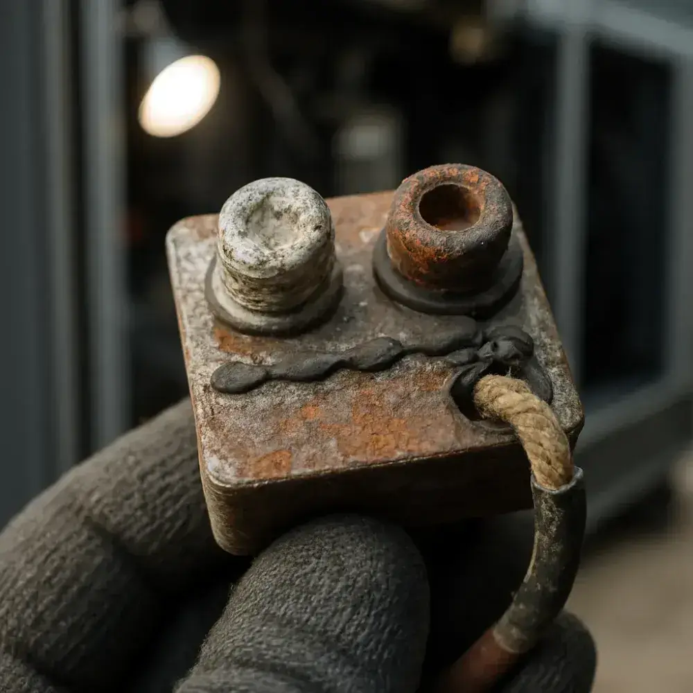 commercial-generator-installation-corroded-connector-wear-evidence Corroded generator control panel connector showing wear that affects repair versus replace decision