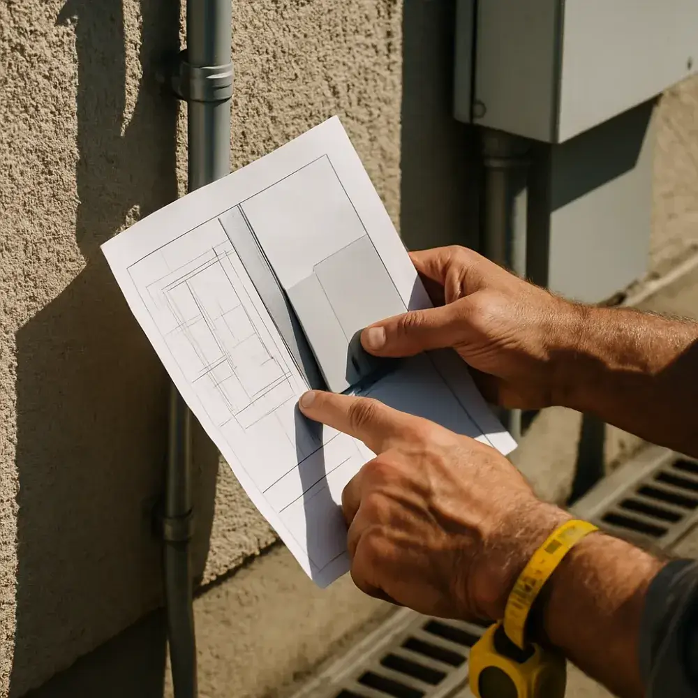 commercial-generator-installation-clearance-constraint-closeup Hands measure tight clearance for commercial generator installation site