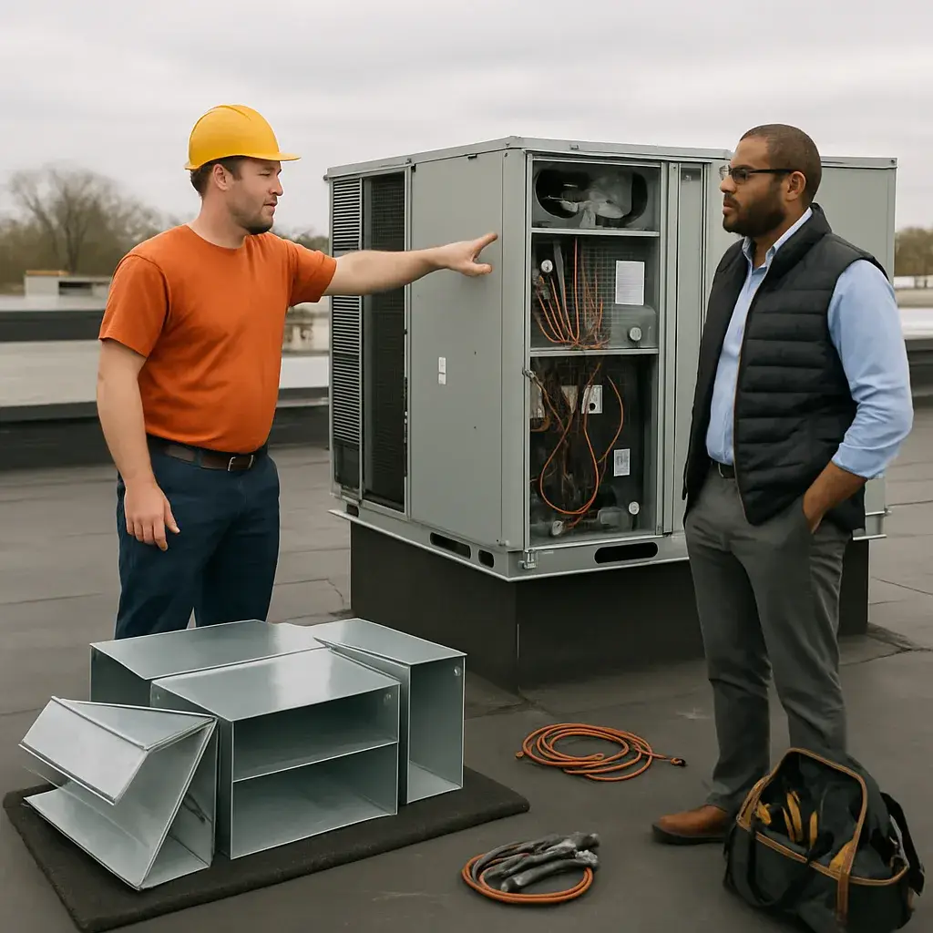 Installer and manager reviewing commercial HVAC rooftop unit installation in Sunnyvale