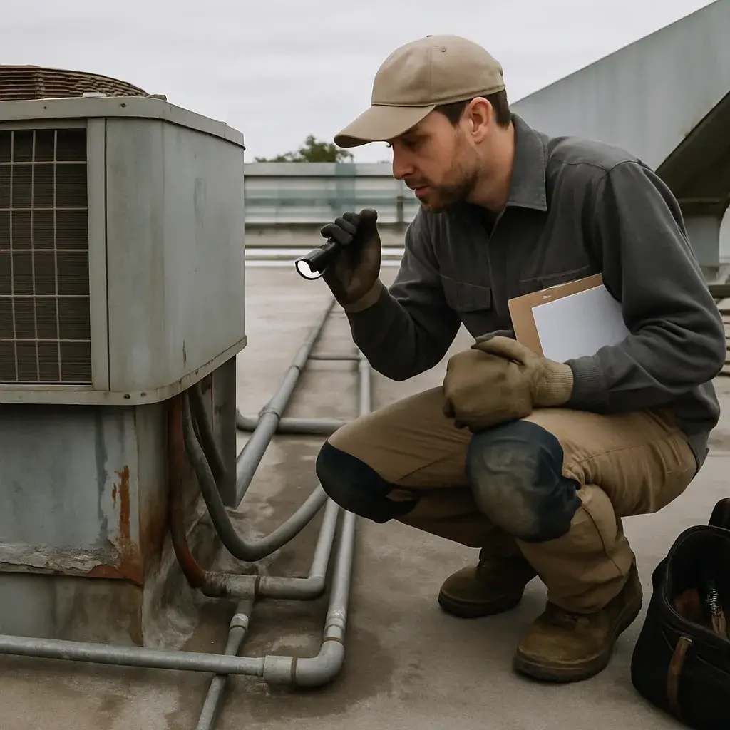 HVAC installer inspects mismatched rooftop ductwork during Sunnyvale commercial installation