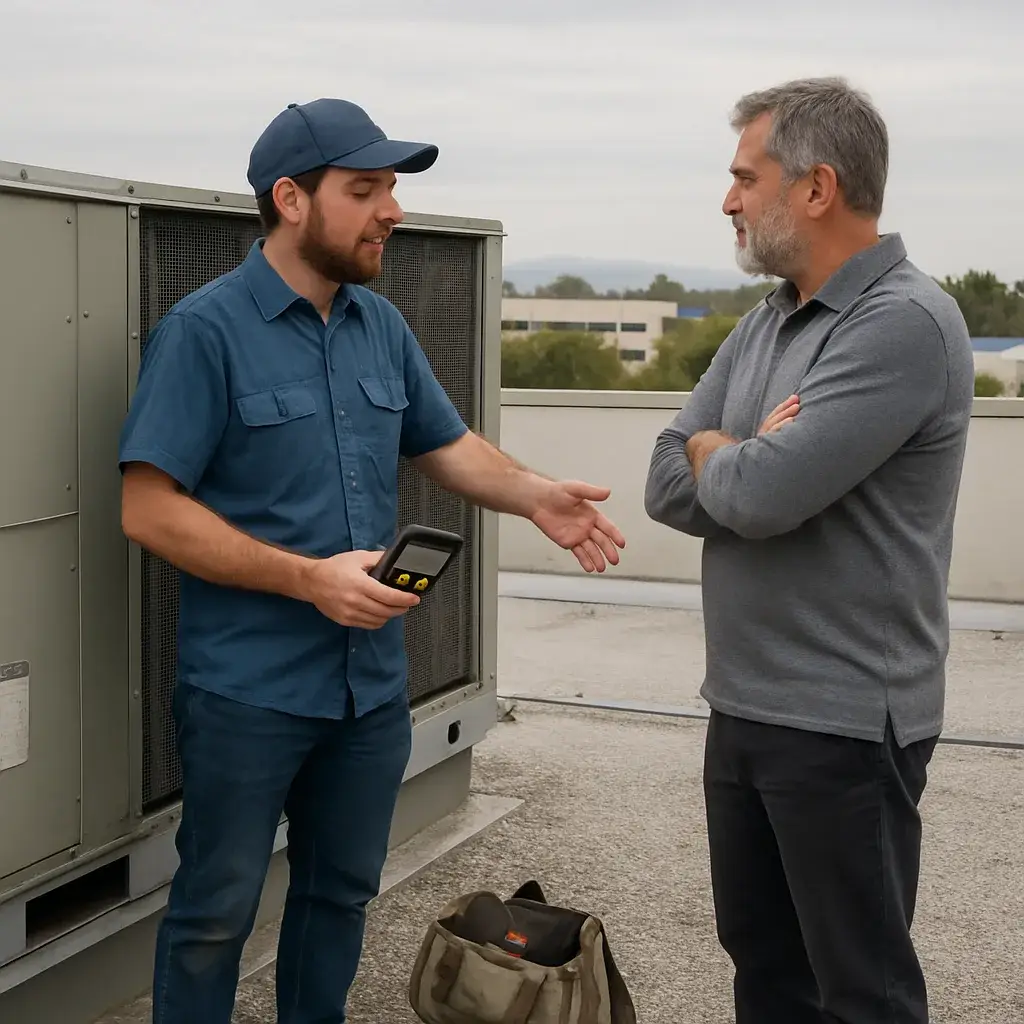 HVAC contractor and building manager discuss a working rooftop unit in Sunnyvale