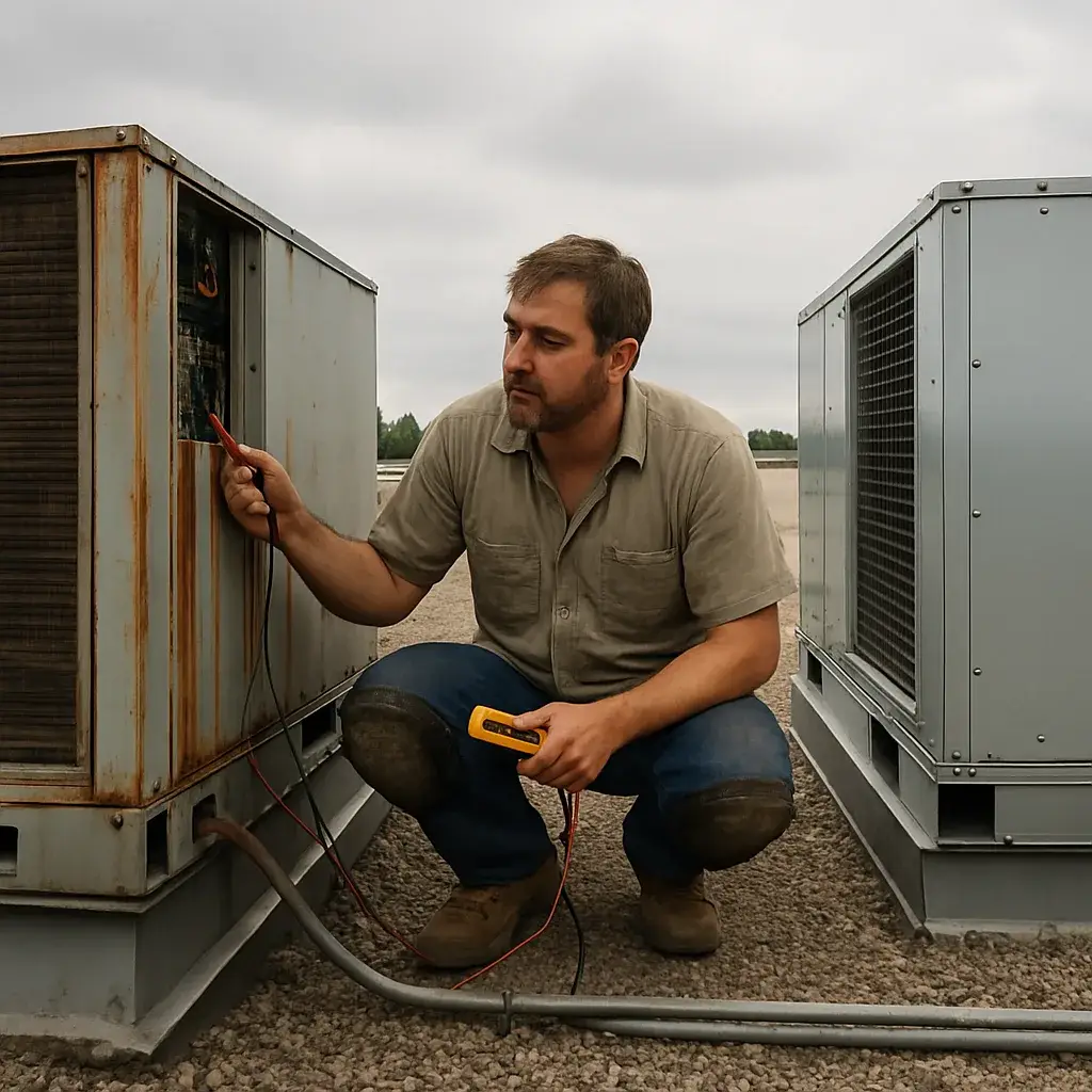 Commercial HVAC installer comparing old and new rooftop units in Sunnyvale