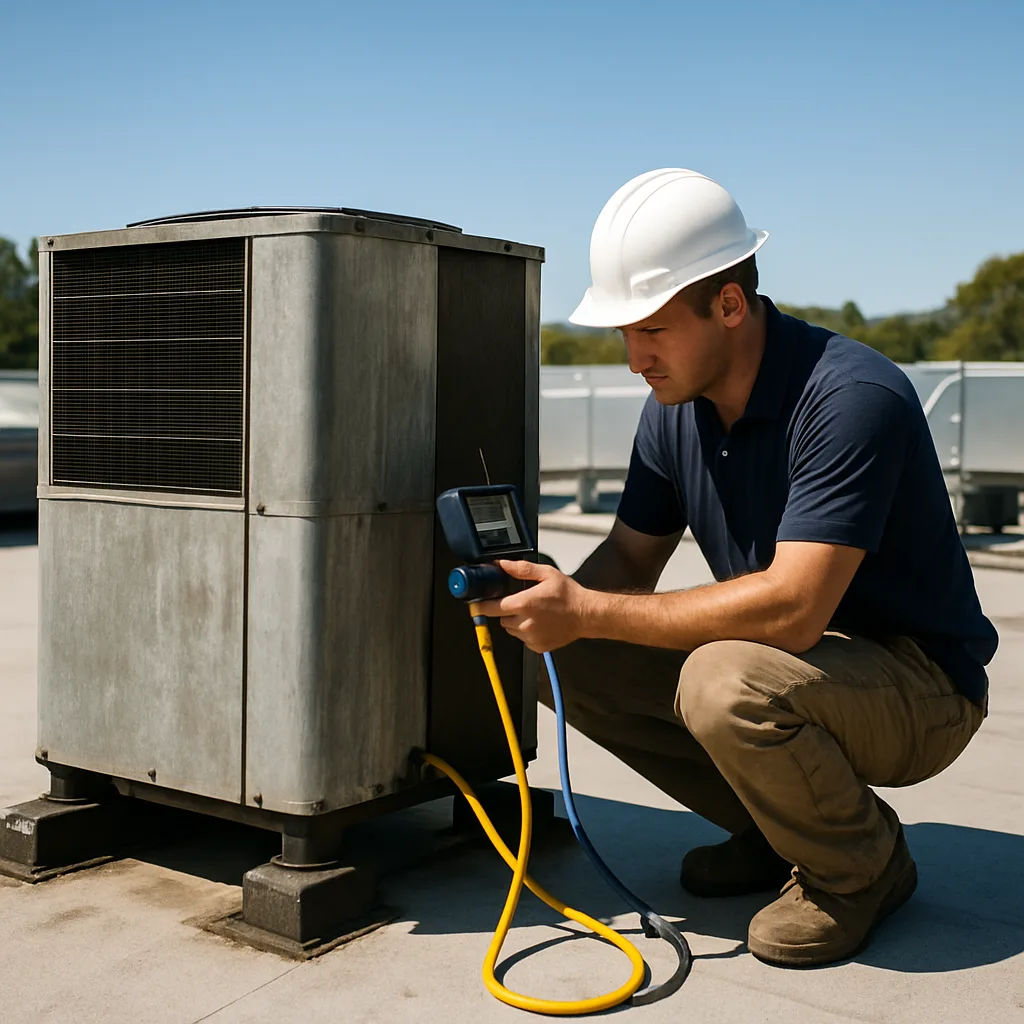 Technician inspecting rooftop commercial HVAC unit during installation in Sunnyvale