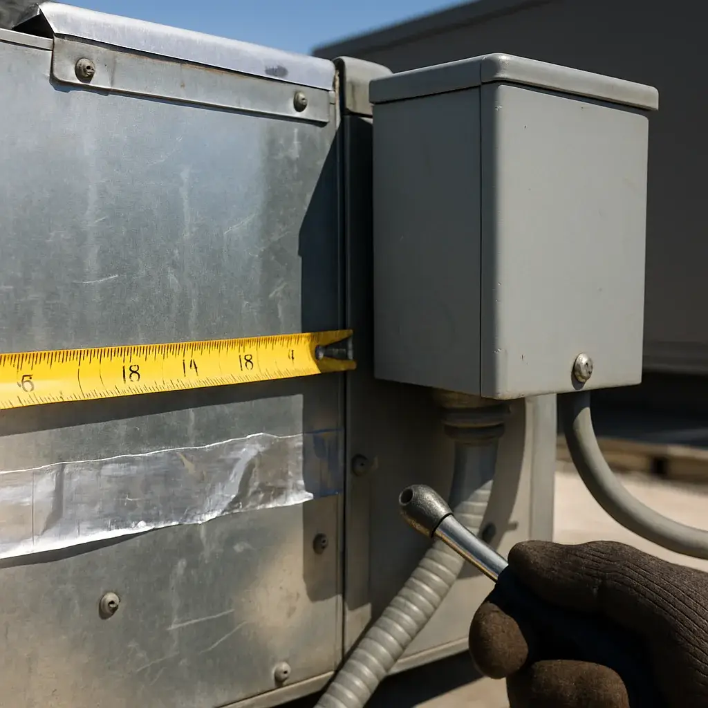 commercial-hvac-installation-ductwork-disconnect-cost-driver-closeup Close-up of ductwork and disconnect box during commercial HVAC installation in Sunnyvale