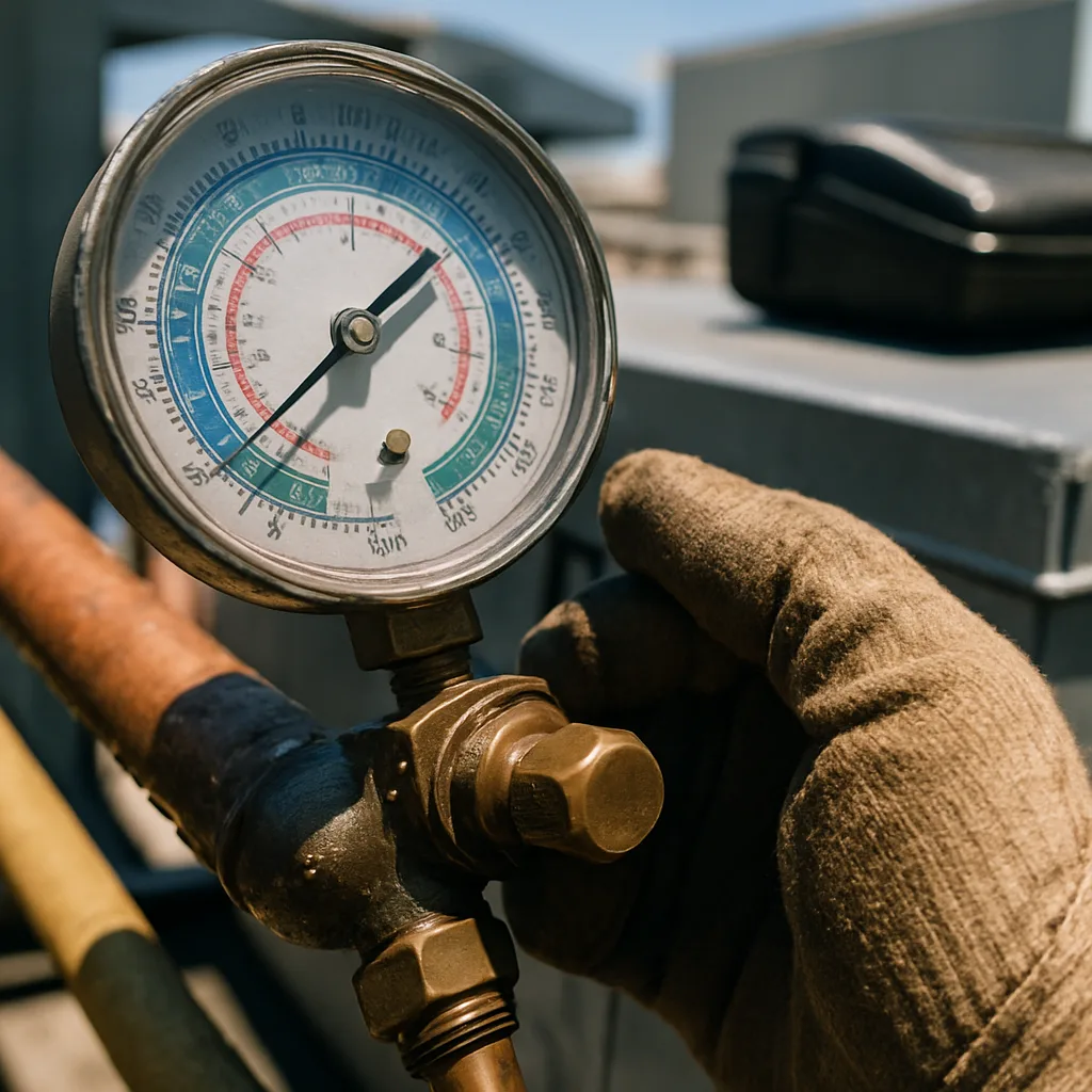 commercial-hvac-installation-refrigerant-gauge-inspection-evidence Technician checks refrigerant gauge on working rooftop HVAC unit condenser valve