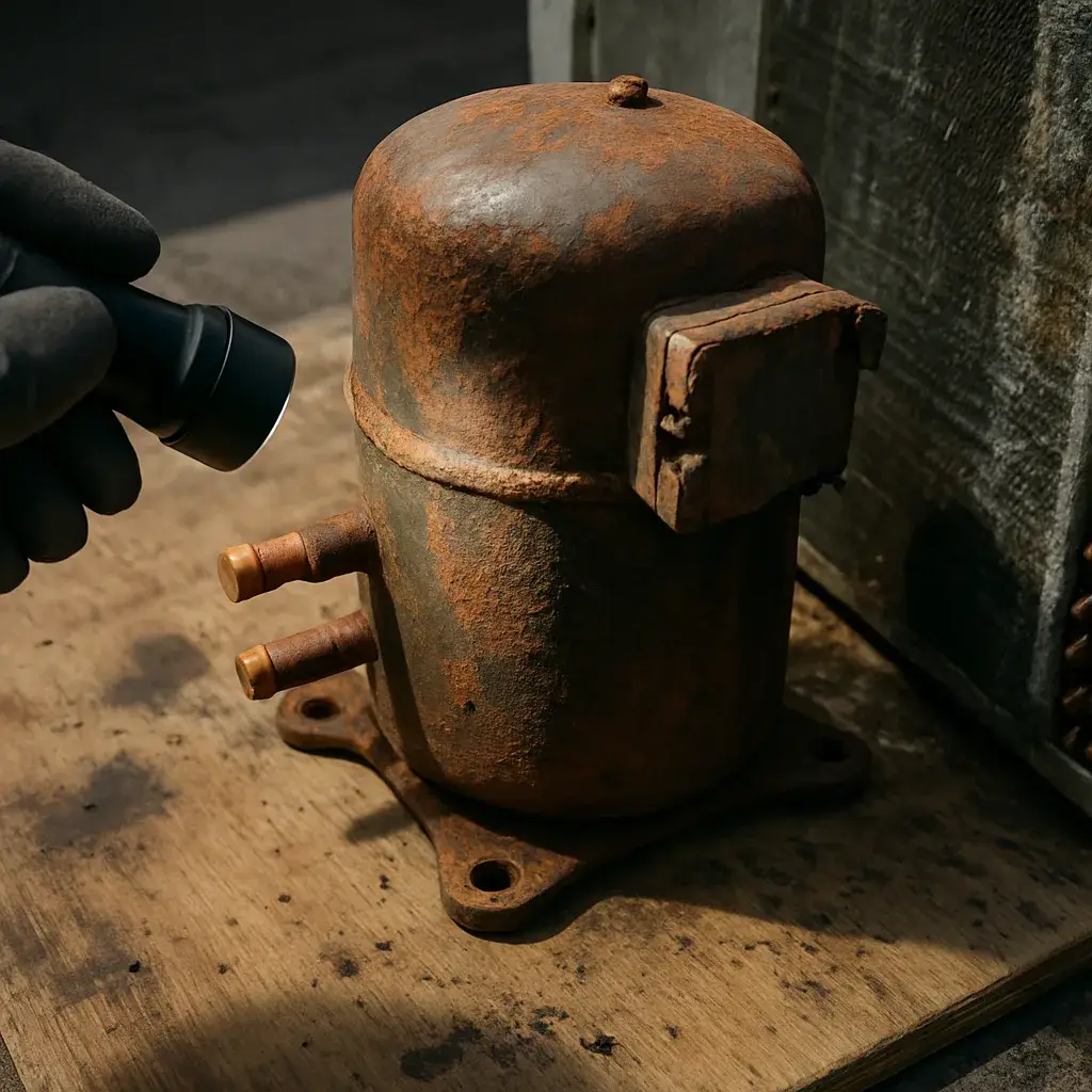 commercial-hvac-replacement-failed-compressor-corroded-coil-detail Corroded commercial HVAC compressor and coil inspected during replacement decision