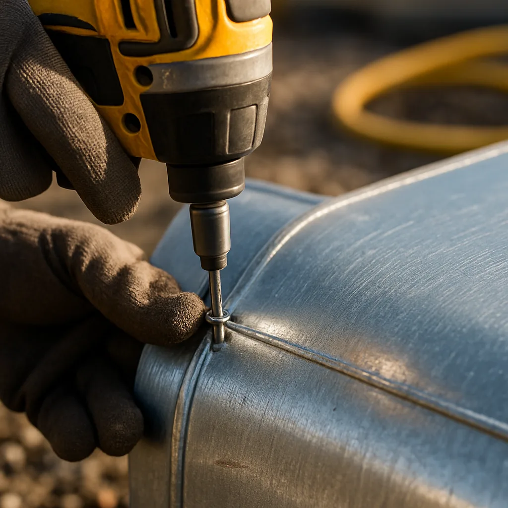 Close-up of hands fastening ductwork during commercial HVAC installation in Sunnyvale