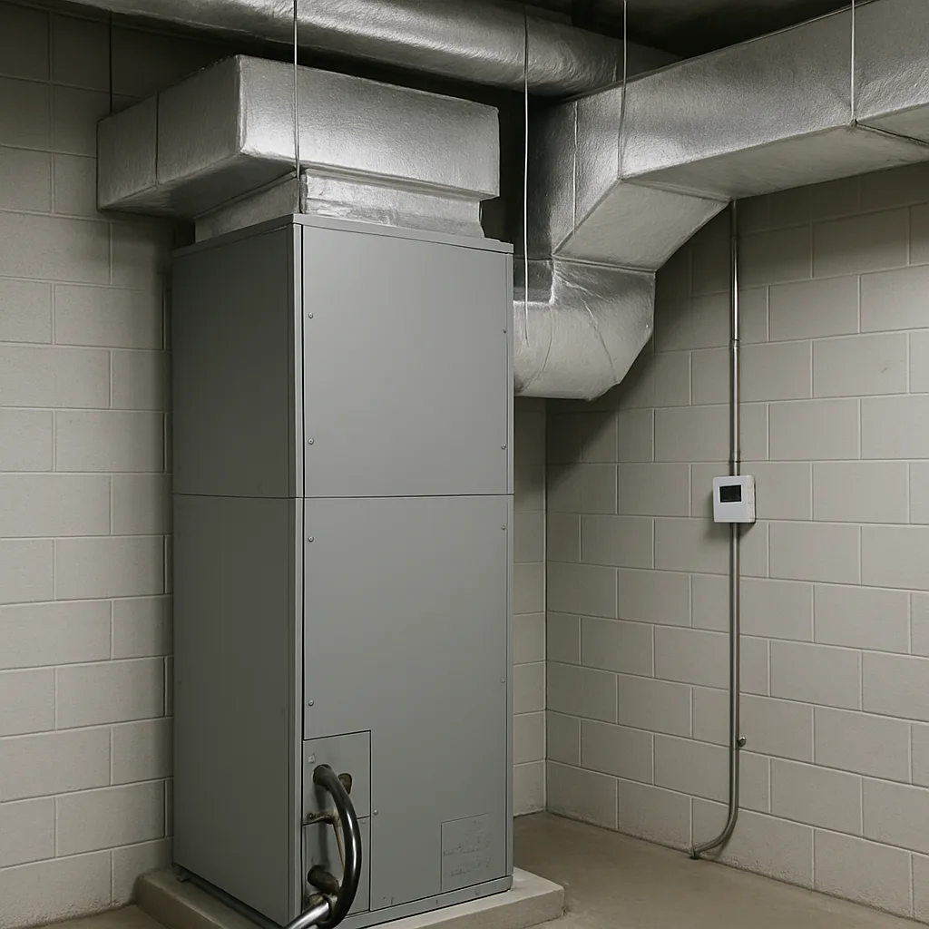 Newly installed commercial HVAC air handler in a Sunnyvale mechanical room