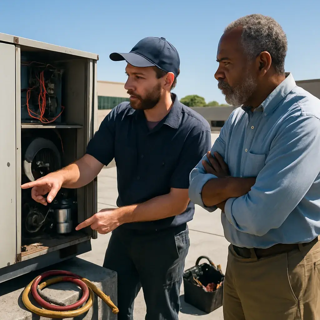 Technician and manager review commercial HVAC unit repair in Sunnyvale rooftop