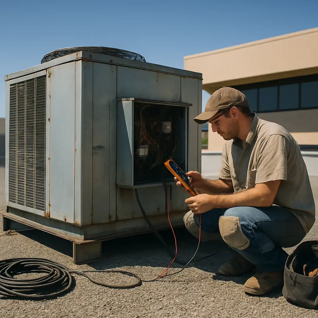 Technician diagnosing short cycling on a commercial rooftop HVAC unit in Sunnyvale