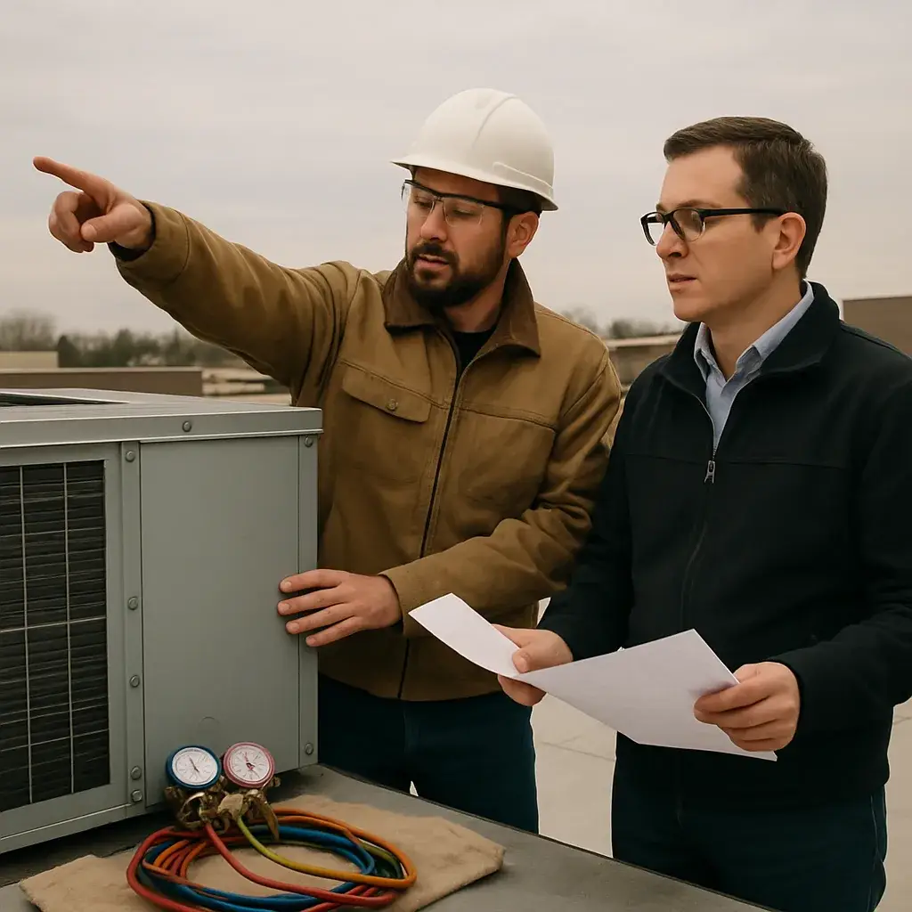 HVAC contractor discusses rooftop unit service radius with building manager