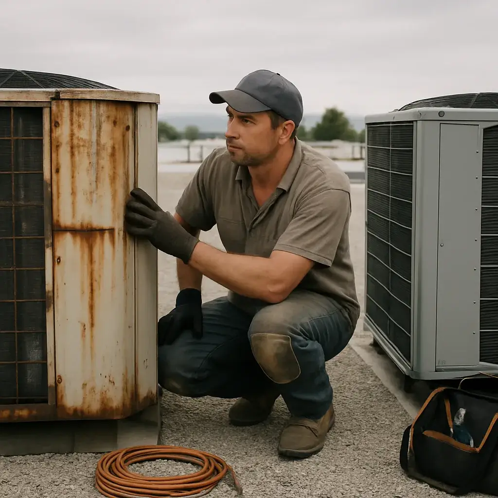 Technician comparing old and new commercial HVAC units on Sunnyvale rooftop