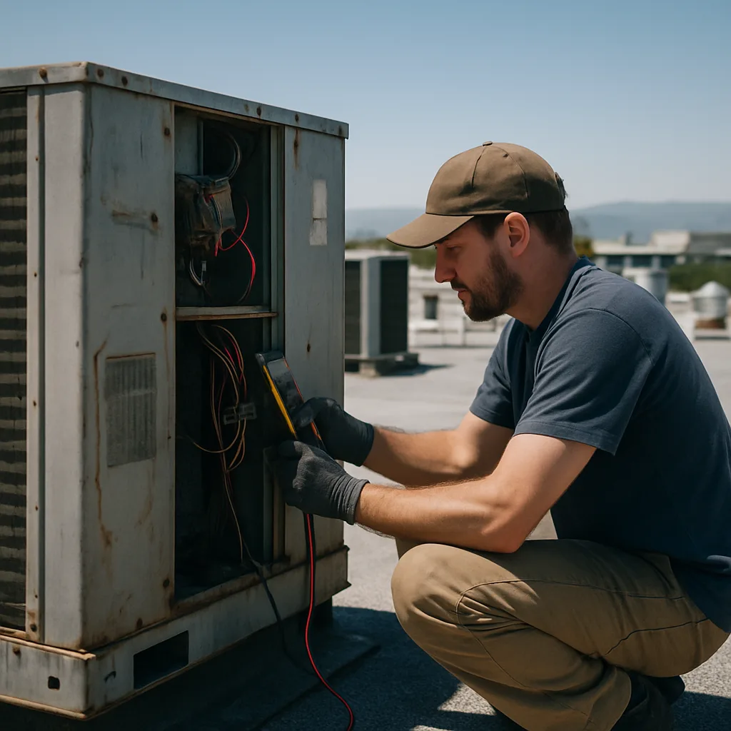 Technician diagnosing rooftop HVAC unit during commercial repair in Sunnyvale