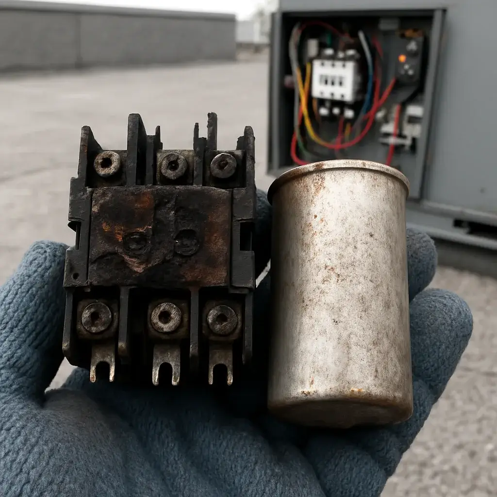 commercial-hvac-repair-failed-contactor-capacitor-cost-driver Burned contactor and corroded capacitor from commercial HVAC repair in Sunnyvale
