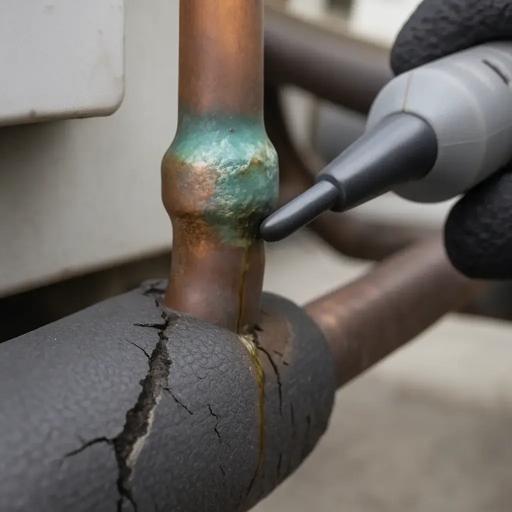 Close-up of corroded refrigerant line joint on commercial HVAC unit in Sunnyvale