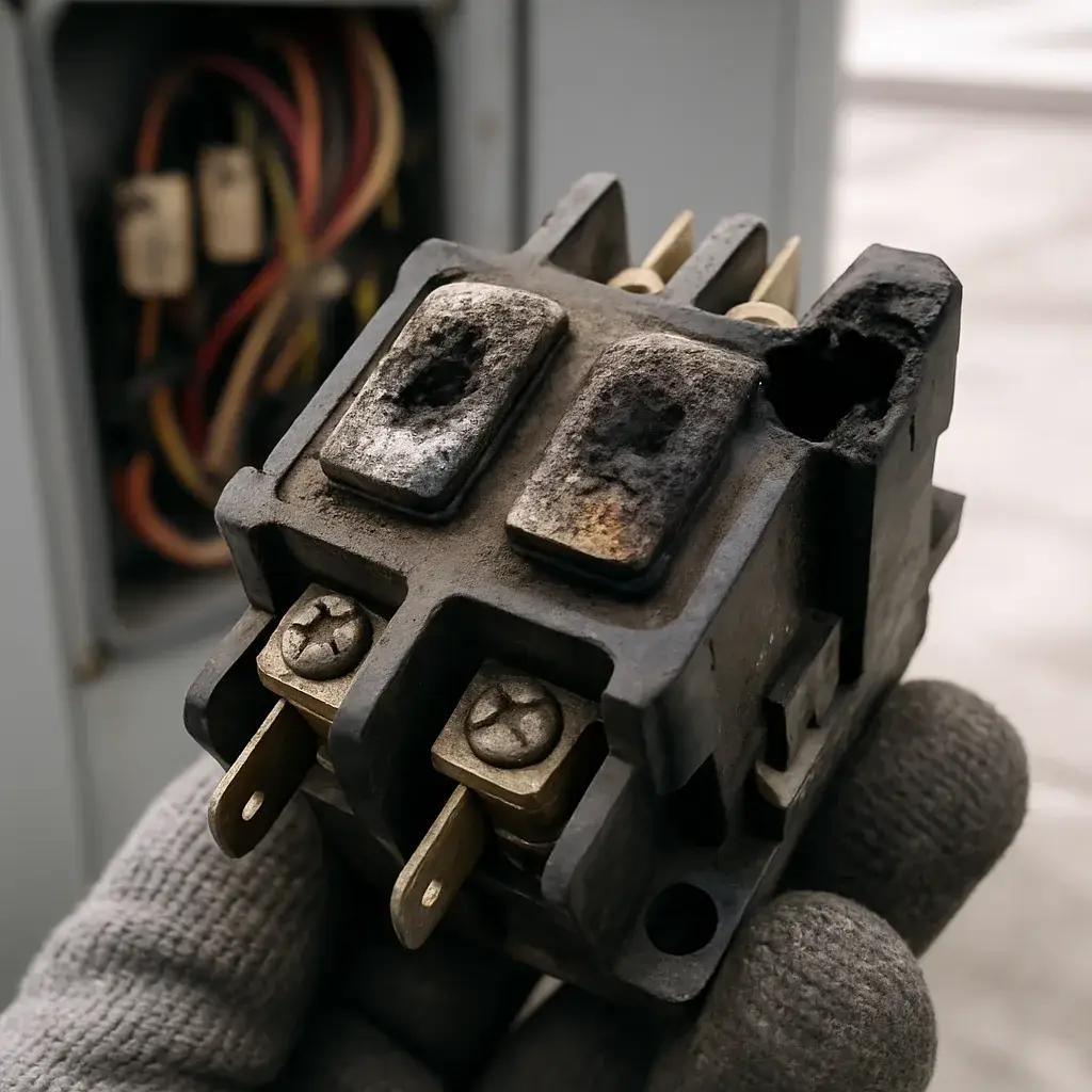 commercial-hvac-repair-failed-contactor-component-evidence Burnt HVAC contactor part showing failure sign during commercial repair inspection