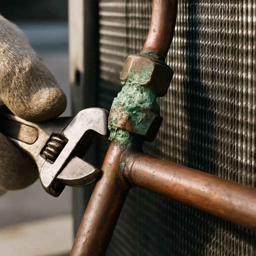 Close-up of corroded refrigerant fitting on aging rooftop HVAC unit in Sunnyvale
