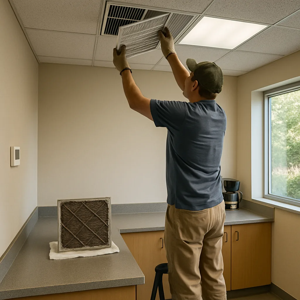 Worker replacing HVAC air filter in Sunnyvale commercial office break room